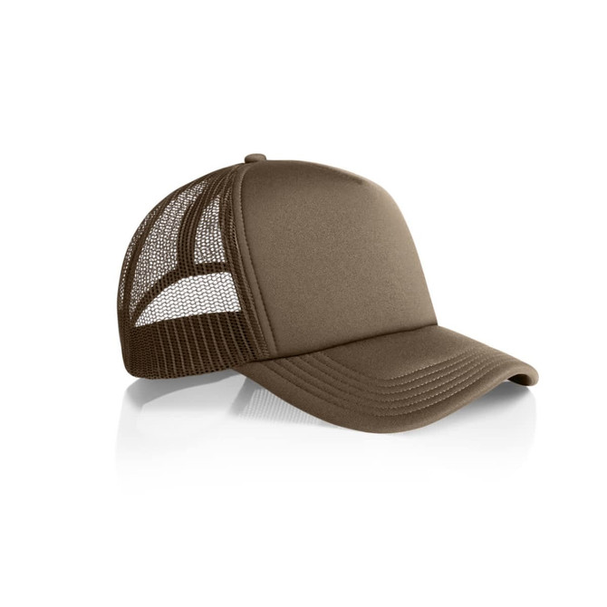 A brown trucker cap featuring a mesh back and a curved brim. Includes a logo on the front.