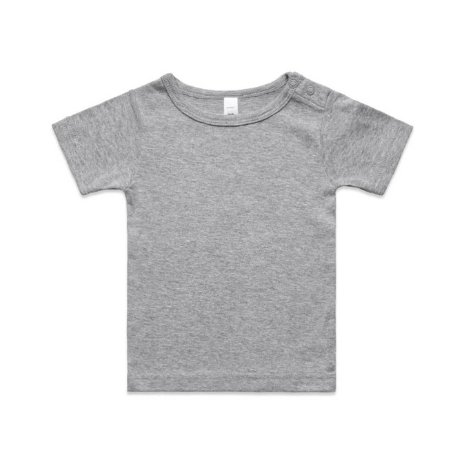 A grey infant t-shirt with short sleeves and a button detail on the shoulder, featuring a branding logo.