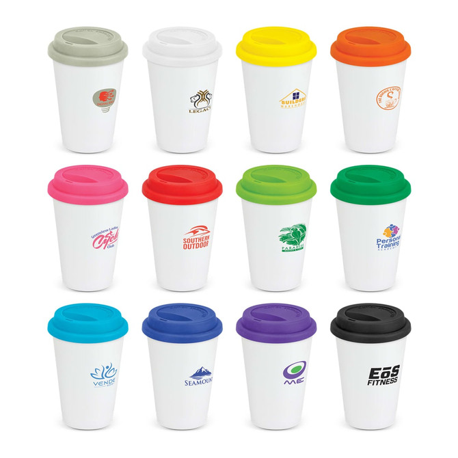 A collection of white double wall coffee cups featuring colourful lids and various logos.