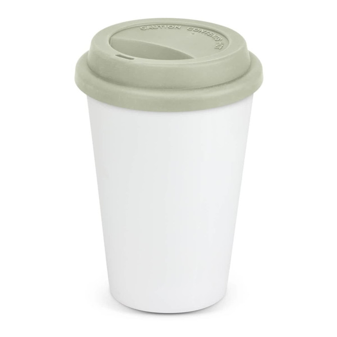 A double wall coffee cup in white with a pale green silicone lid. Features a logo on the side.