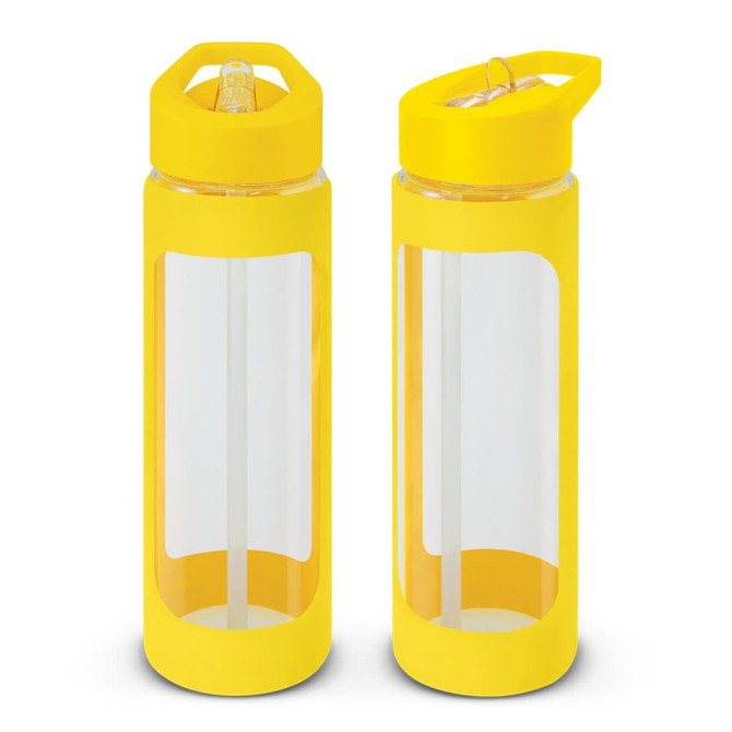 A drink bottle in vibrant yellow with a clear body and two different lid designs, featuring a logo.