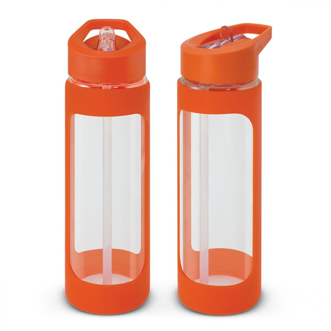 A drink bottle with a transparent body and an orange silicone sleeve, featuring a flip-top lid and a straw.