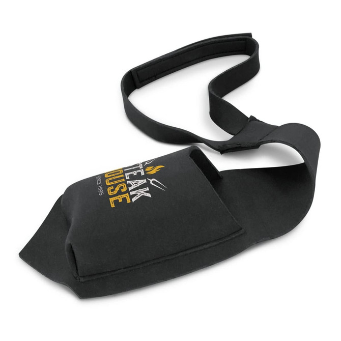 A drink bottle holder in black with an adjustable strap, featuring a logo.