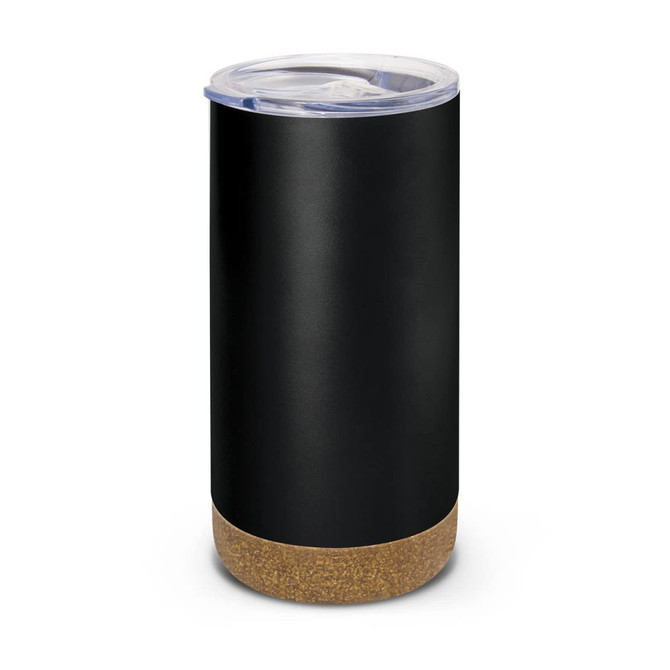 A drink bottle in matte black with a cork base and a clear lid, featuring a logo on the side.