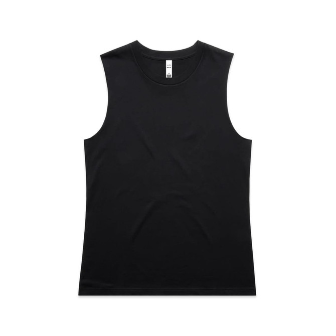 A black sleeveless tank top featuring a logo. Suitable for casual wear or activewear.