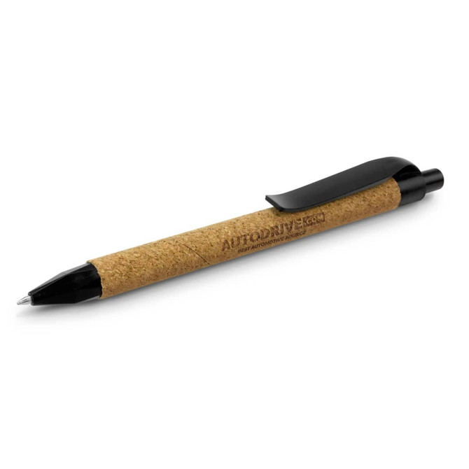 A plastic pen with a cork barrel and black accents, featuring a clip and branding.