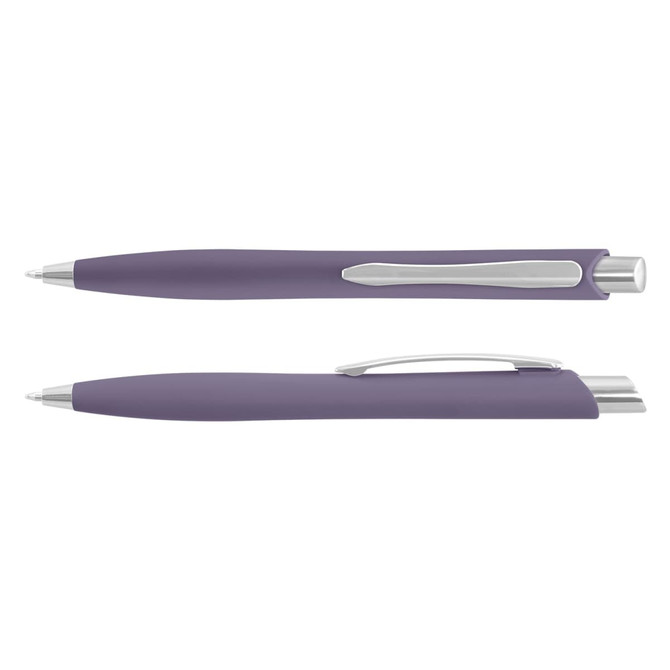 A purple plastic pen with a silver clip and tip. It features a modern design and includes a logo.