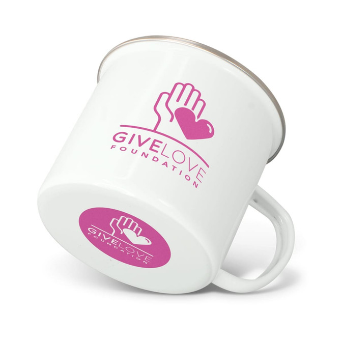 A white enamel mug with a silver rim, featuring a logo on both sides.