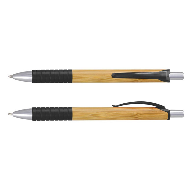 A bamboo pen in light brown and silver, featuring a grip and clip. It has a logo on the side.