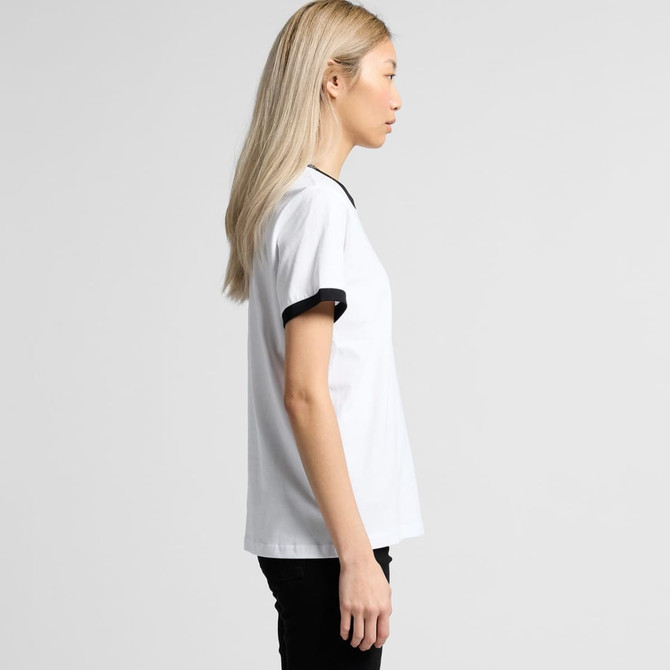 A white t-shirt with black detailing on the sleeves and neck, featuring a logo. Side view of the shirt.
