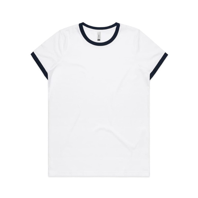 A white T-shirt with navy blue ringer trim and a logo on the label.