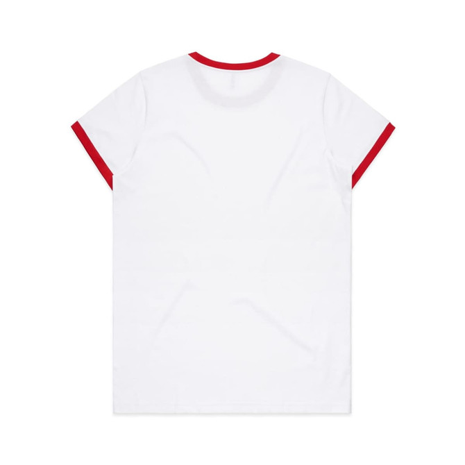 A white t-shirt with red trim around the neckline and sleeves. Features a logo on the back.