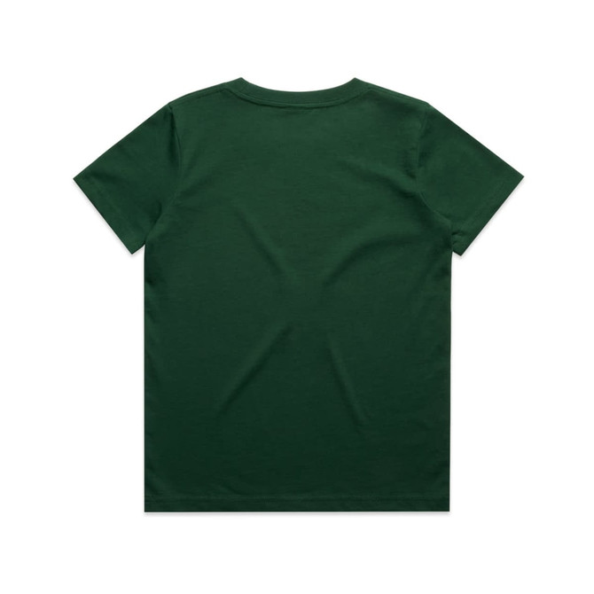 A green kids' staple tee with a plain back design, featuring a logo on the label.