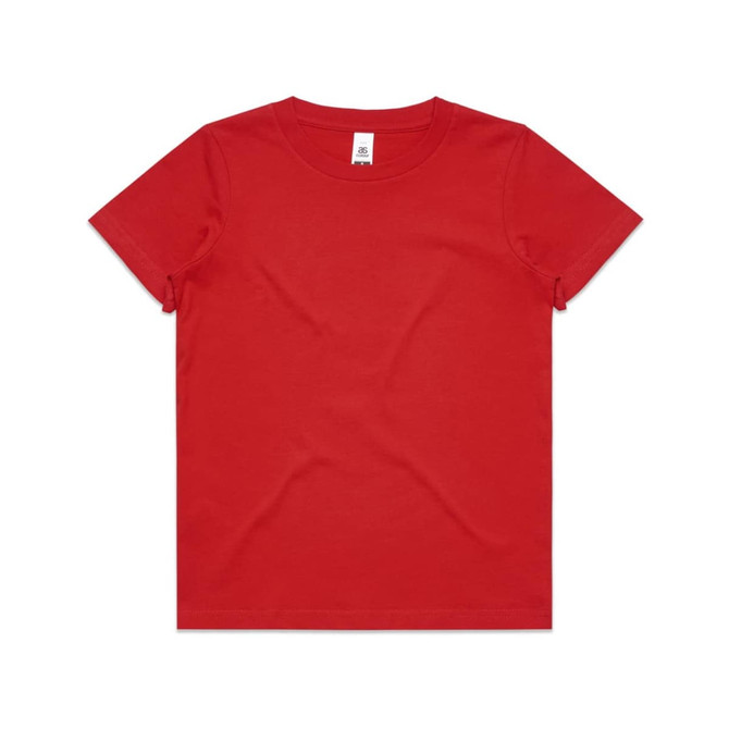 A red kids' T-shirt featuring short sleeves and a classic fit. It has a label inside and includes a branding logo.