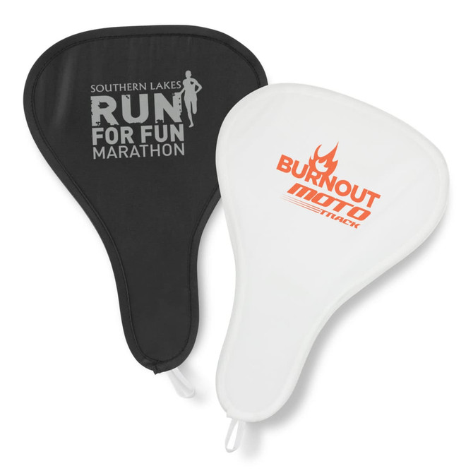A foldable event fan in black and white, featuring a logo on each side. Both sides have a smooth finish.