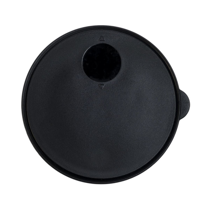 A coffee cup lid in black, featuring a small opening for sipping and a secure fit for the cup.