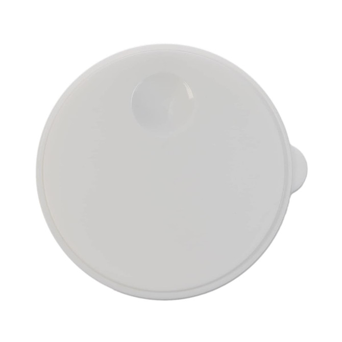 A coffee cup lid in white, featuring a small opening and a secure locking mechanism.