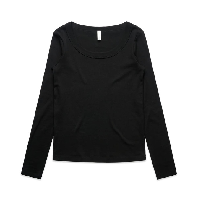A long-sleeve, scoop neck t-shirt in black, featuring a simple design and a tag at the neck.
