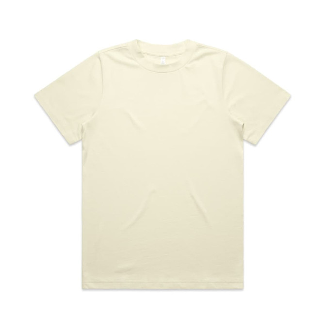 A pale yellow T-shirt with short sleeves, featuring a simple design and a logo on the label.