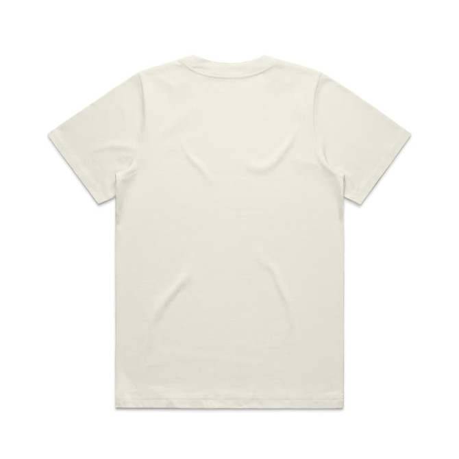 A plain white T-shirt with a rounded neckline and short sleeves, featuring a small logo on the back.
