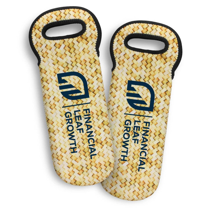 A drink bottle cooler bag in a woven tan pattern, featuring two handles and a logo.