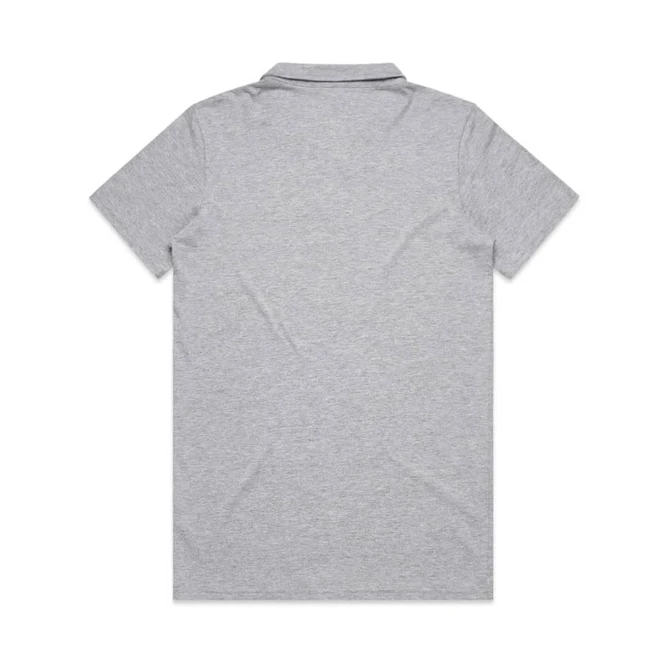 A grey polo shirt with a collar and short sleeves, featuring a branding logo.