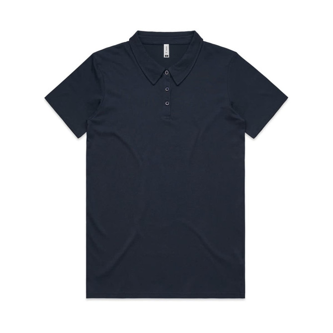 A navy blue polo shirt featuring a collar and button placket, with a logo on the chest.
