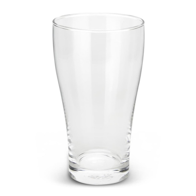 A clear glass beer glass with a tapered shape and a sturdy base, featuring a logo on the side.