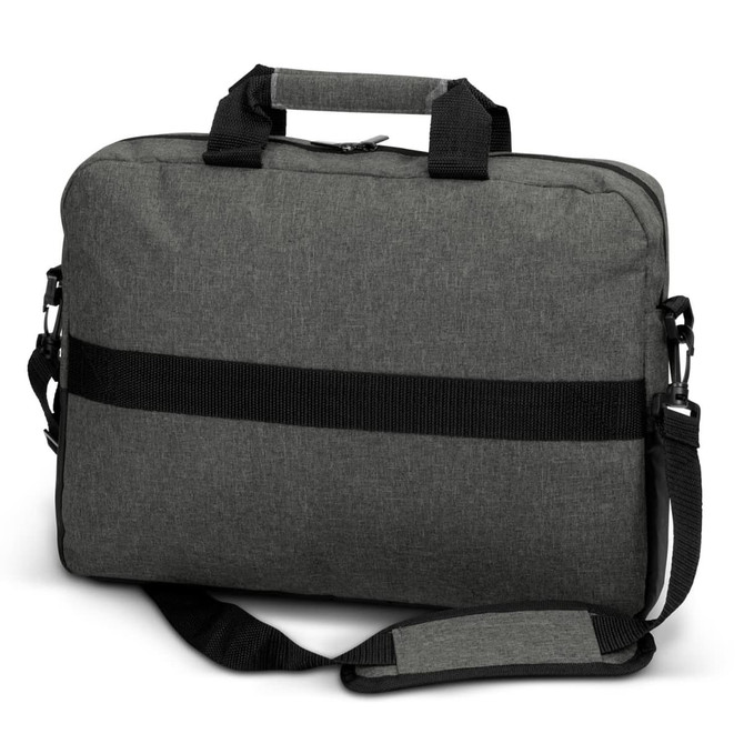 A grey laptop bag with a detachable shoulder strap and two handles, featuring a black band across the front and a logo.