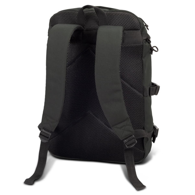 A dark green backpack featuring padded shoulder straps and a textured back panel for comfort. It has adjustable straps and a logo.