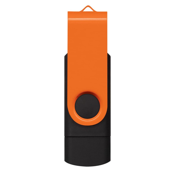 A dual flash drive in black and orange, featuring a swivel design and a circular button, with a logo.
