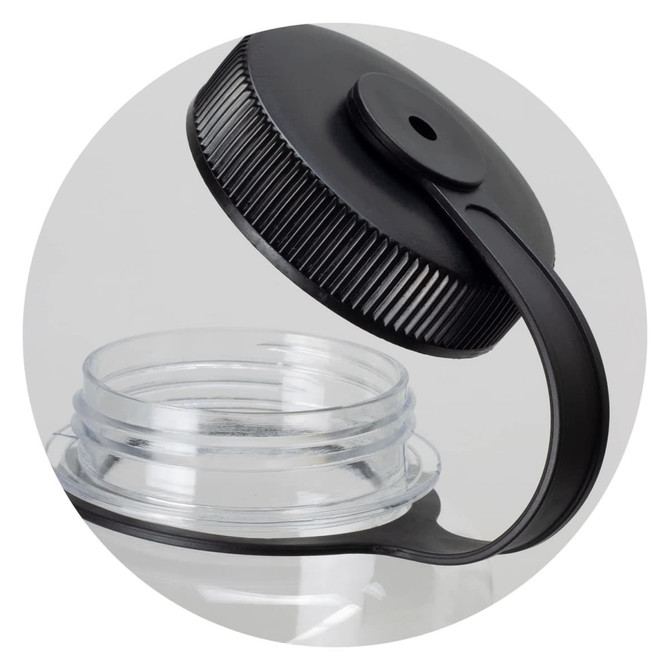 A drink bottle with a clear body and a black screw cap, featuring a handle for easy carrying.