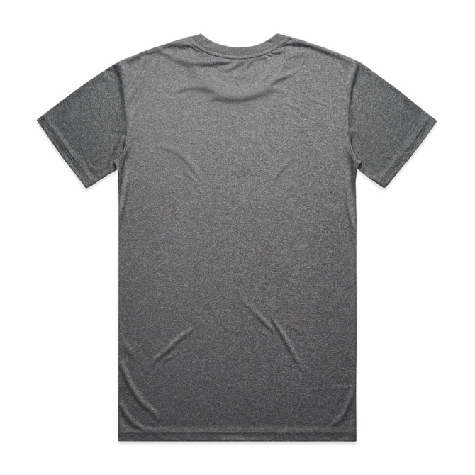 A grey active tee featuring a back view. The shirt includes a logo on the label.