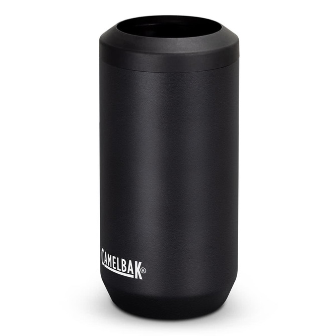 A drink bottle in matte black with a rounded base and a lid, featuring a branding logo.