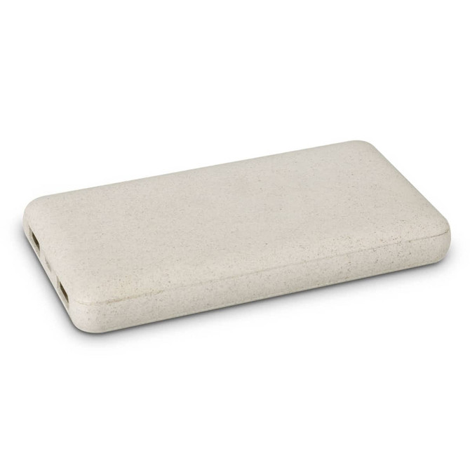 A light grey power bank with a smooth finish and dual USB ports, featuring a subtle branding logo.