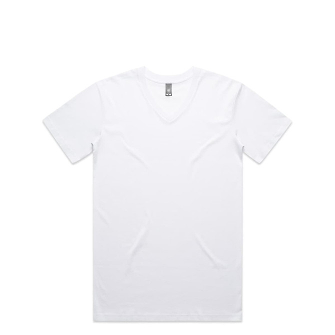 A white V-neck T-shirt with a logo on the neckline. It features a classic fit and short sleeves.