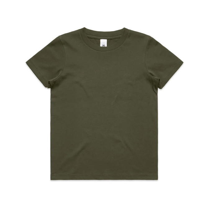 A youth staple tee in olive green, featuring a classic crew neck and short sleeves. The shirt has a logo on the inside label.