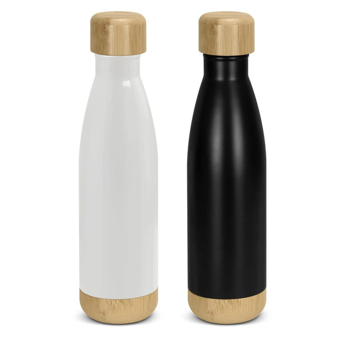 A drink bottle pair in white and black, each featuring a bamboo lid and base, with a sleek, modern design.