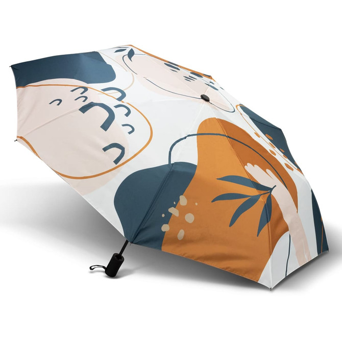 A full colour compact umbrella featuring abstract designs in navy, orange, and beige tones, with a black handle.
