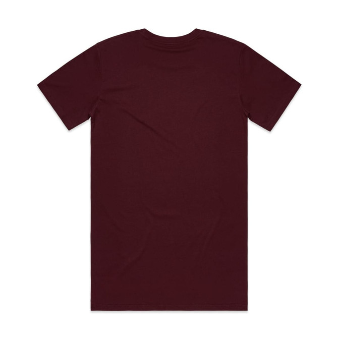A maroon T-shirt with short sleeves and a plain back. The shirt features a logo or branding.