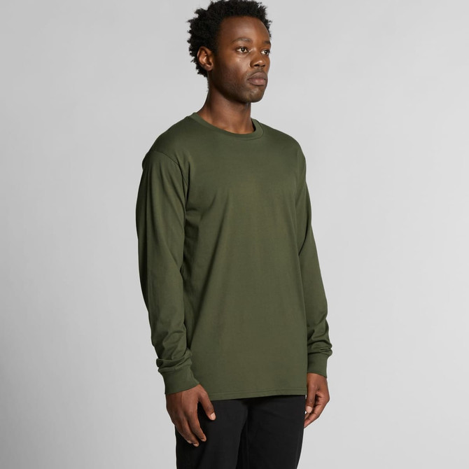 A long-sleeve T-shirt in olive green, featuring a simple design and a logo on the chest.