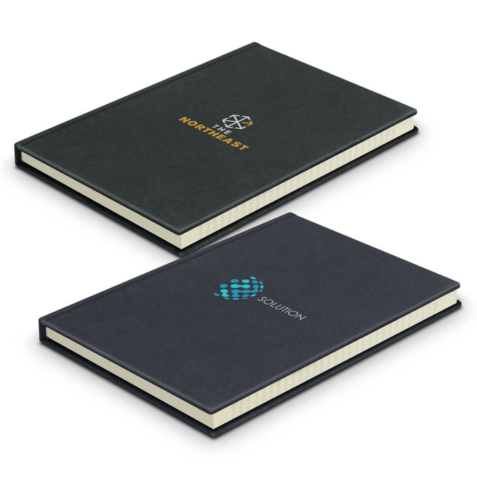 A dark green recycled cotton hard cover notebook with a logo on the front, featuring a textured finish.