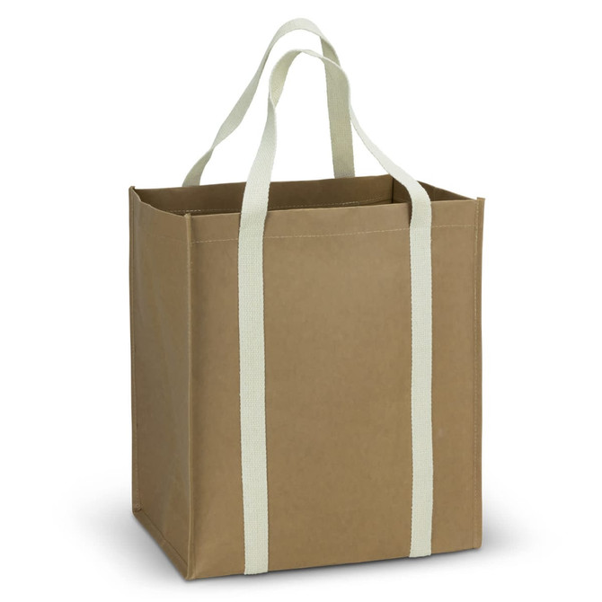 Kraft tote bag in brown with light green handles, featuring a simple design and no visible branding.