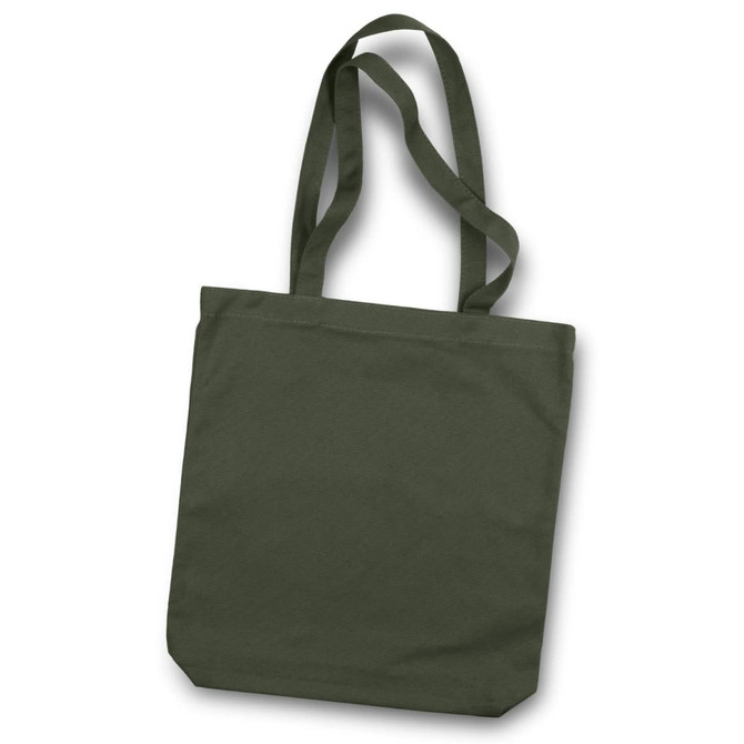 An olive green canvas tote bag with two shoulder straps and a simple design. It features a logo.