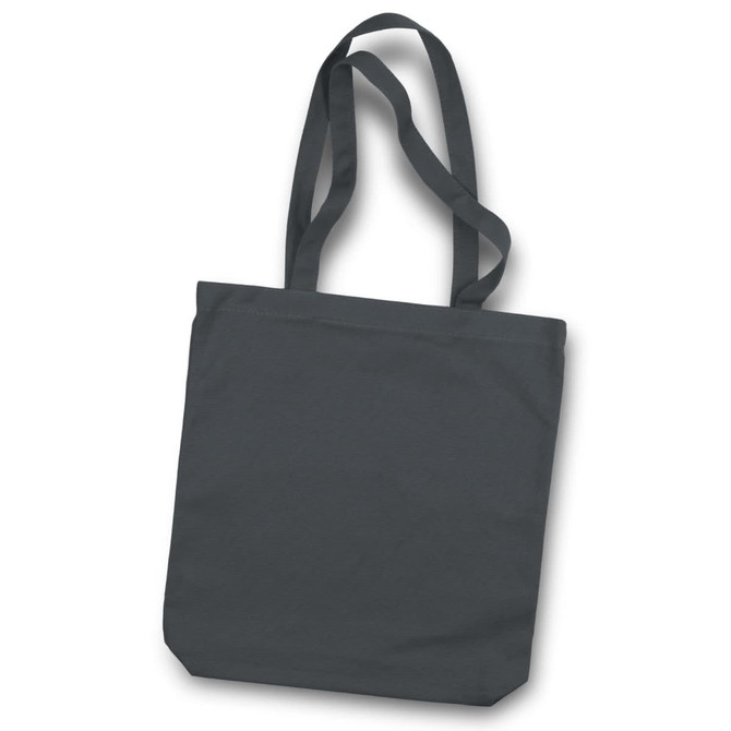 A dark grey canvas tote bag with two long handles and a simple design. It features a logo.