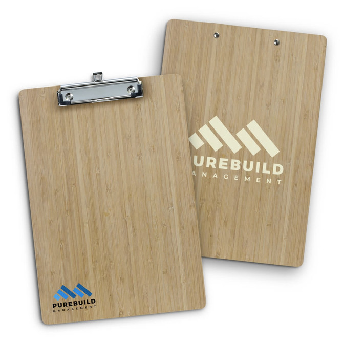 A bamboo clipboard with a silver clip, featuring a logo on one side and a natural wood finish.