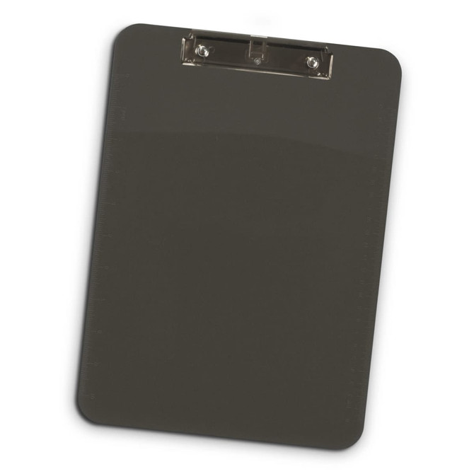A dark grey clipboard with a clip at the top and rulers marked along the edges. It features a branding logo.