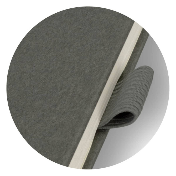 A grey notebook with a textured cover and an elastic closure strap, featuring a branding logo.