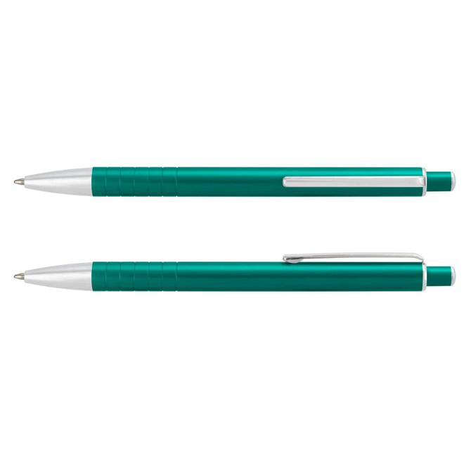 A metal pen with a teal barrel and chrome accents, featuring a grip section and a clip.