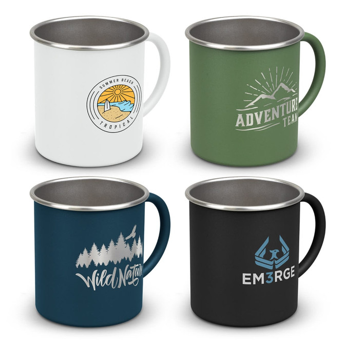 A collection of four coffee mugs in white, green, navy blue, and black, each featuring distinct logos and designs.